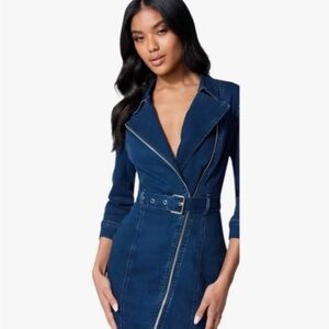 Women's Bebe Asymmetrical Front Zip Belted Denim Dress - Medium Indigo